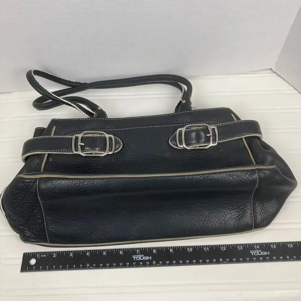 Cole Haan Village Pebbled Leather Bag Black White Trim Buckle Satchel Lined Teal
